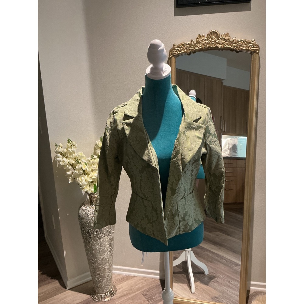 Vintage Sage Green Floral Brocade Cropped Blazer Peplum Jacket Notched Lapel